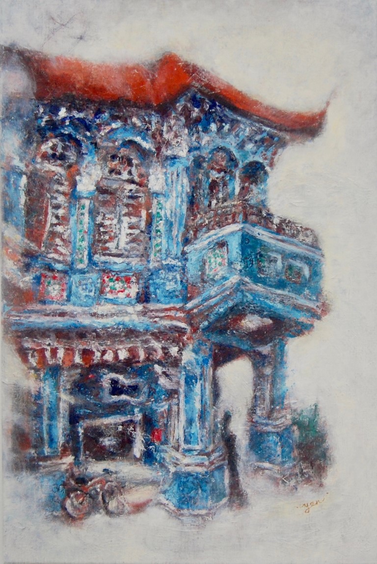 ethnic, urban, The Blue Shophouse_2021, Oil on canvas, SGD 900, painting, Ong Hwee Yen